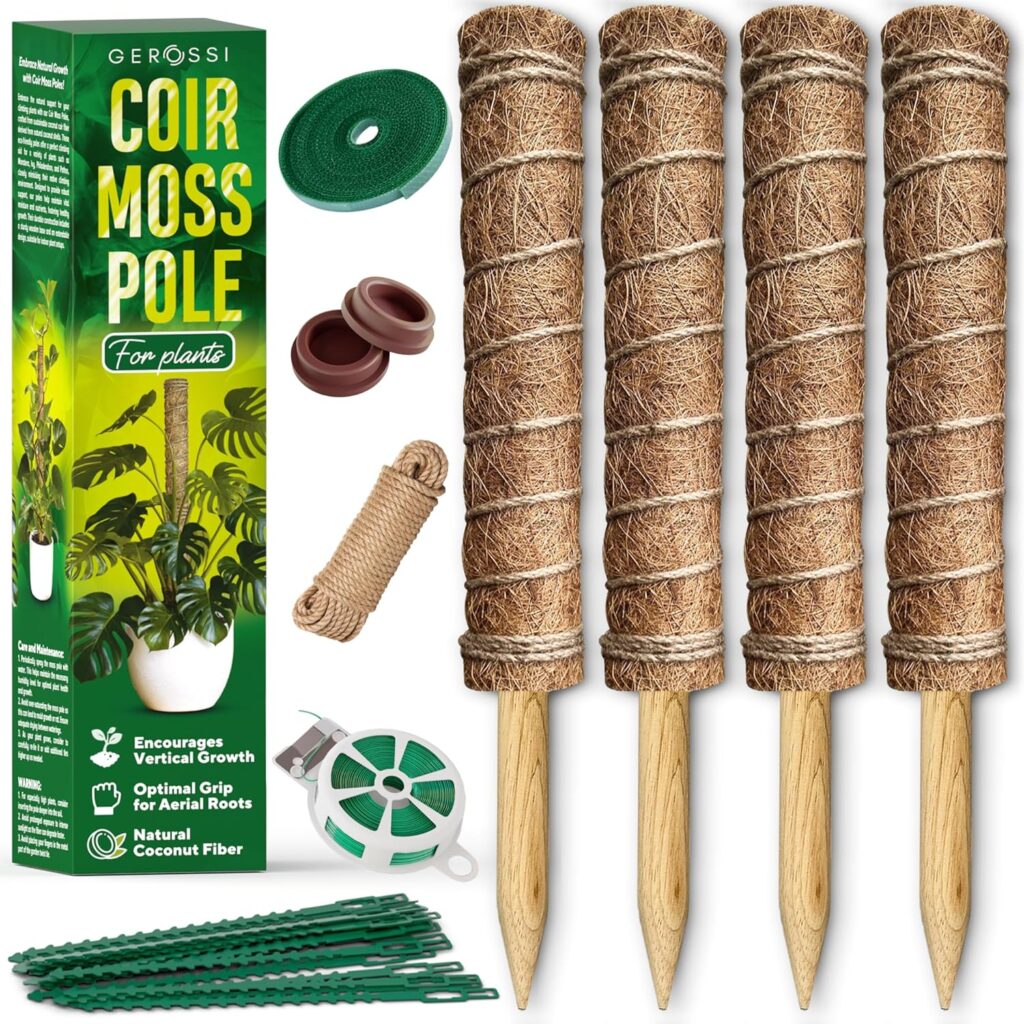 4 Pack Moss Pole for Plants – 16.5” Extendable Monstera Plant Support – 100% Natural Garden Stakes for Climbing Plants – Durable Moss Sticks for Indoor Plants – Complete Kit w/Ties, Velcro & Rope