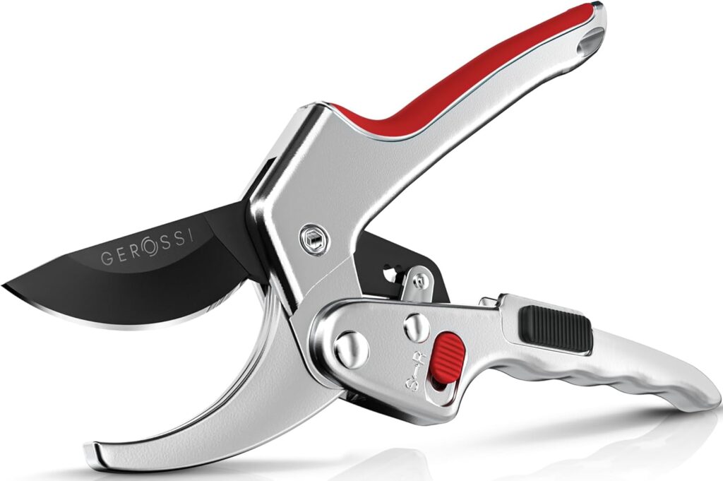 Ratchet Pruning Shears for Gardening Heavy Duty – Increases Cutting Power 3x – Perfect Ratchet Pruners for Weak Hands & Arthritis – 8” Anvil Garden Clippers – Sharp Blade for Effortless Cutting – Red