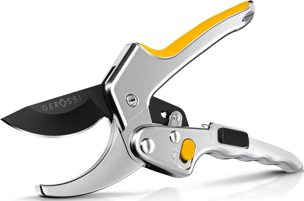 Ratchet Pruning Shears for Gardening Heavy Duty – Increases Cutting Power 3x – Perfect Ratchet Pruners for Weak Hands & Arthritis – 8” Anvil Garden Clippers – Sharp Blade for Effortless Cutting-Yellow